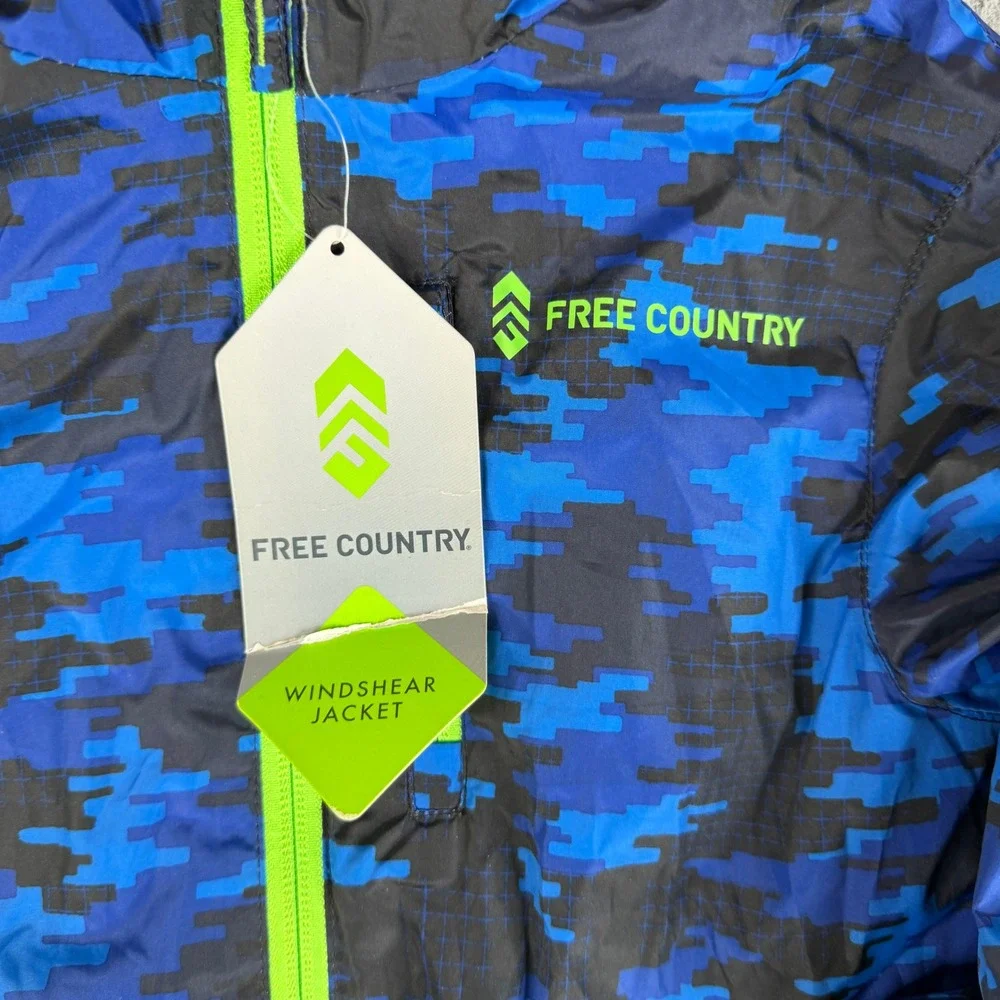 Free Country Jacket Boy XS 5/6 Blue Digital Camo Windshear Hood Fleece Lined Zip